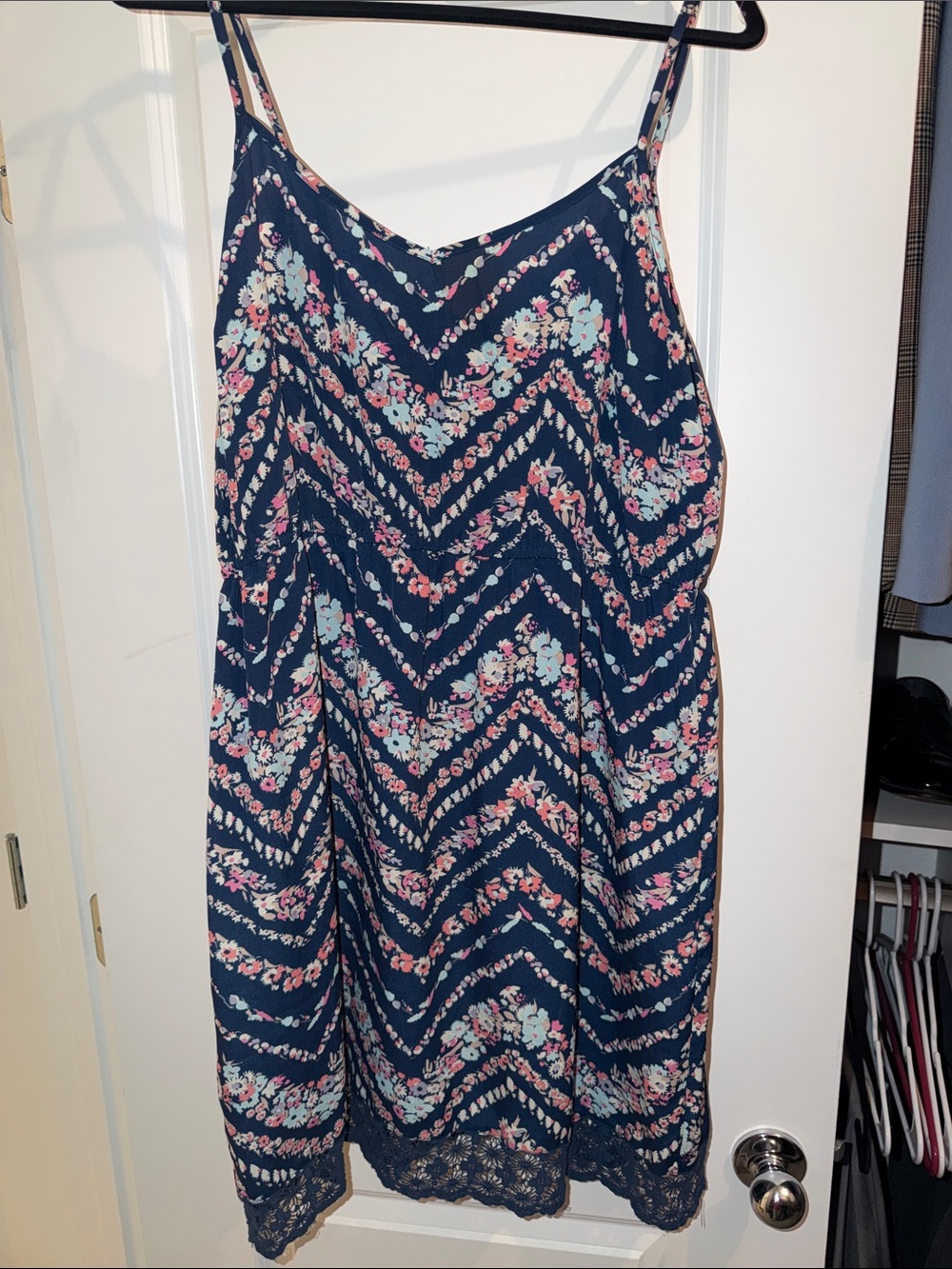 Vanity Navy Floral Chevron Slip Dress with Lace Trim